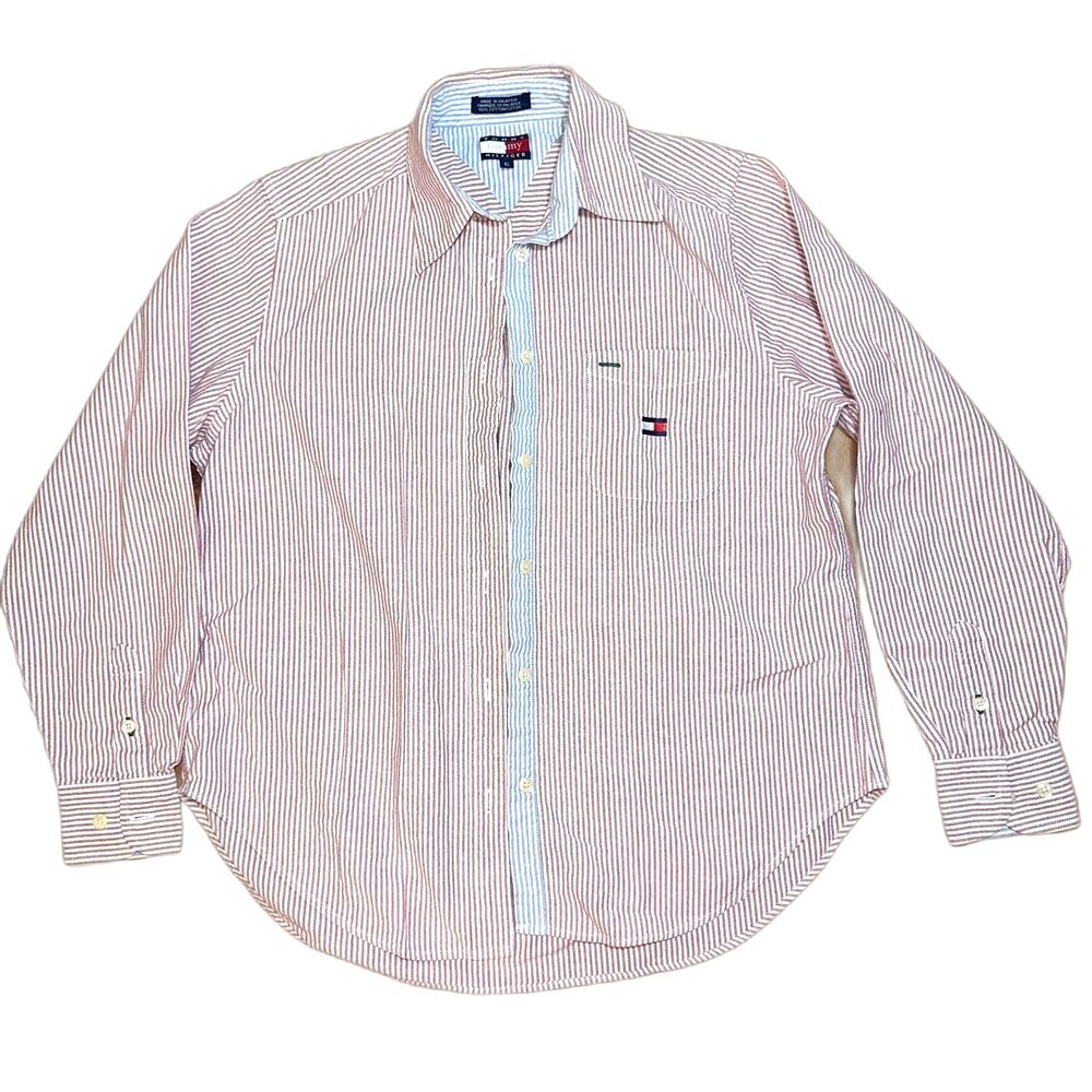 90s Tommy Hilfiger Womens Seersucker Striped Button Down Shirt Sz 6 Vtg‎ Coastal